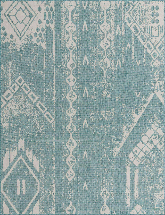 Light Aqua 7' 10 x 10' Outdoor Bohemian Rectangle Area Rug Weather Resistant for Patio, Deck, Terrace, Balcony, Porch 100% Polypropylene Boho Carpet Mat for Sale at Rug Engine