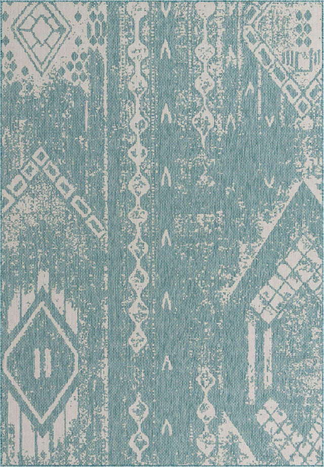 Light Aqua 7' 1 x 10' Outdoor Bohemian Rectangle Area Rug Weather Resistant for Patio, Deck, Terrace, Balcony, Porch 100% Polypropylene Boho Carpet Mat for Sale at Rug Engine