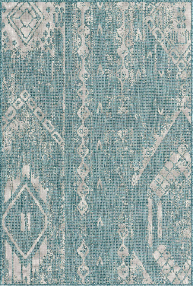 Light Aqua 4' 1 x 6' 1 Outdoor Bohemian Rectangle Area Rug Weather Resistant for Patio, Deck, Terrace, Balcony, Porch 100% Polypropylene Boho Carpet Mat for Sale at Rug Engine