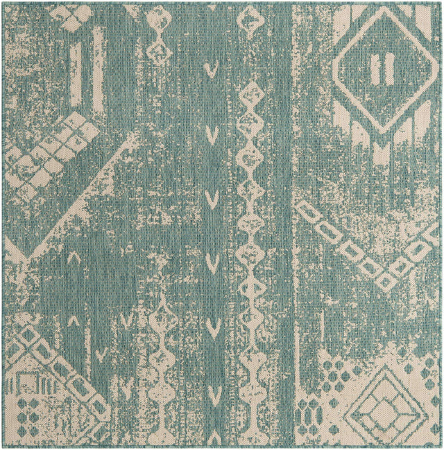 Light Aqua 5' 3 x 5' 3 Outdoor Bohemian Square Area Rug Weather Resistant for Patio, Deck, Terrace, Balcony, Porch 100% Polypropylene Boho Carpet Mat for Sale at Rug Engine