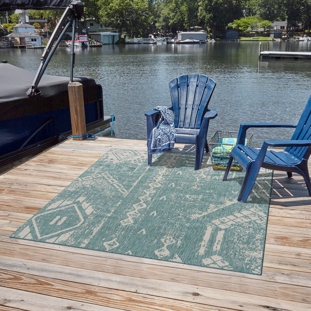 Light Aqua 5' 3 x 5' 3 Outdoor Bohemian Square Area Rug Weather Resistant for Patio, Deck, Terrace, Balcony, Porch 100% Polypropylene Boho Carpet Mat for Sale at Rug Engine