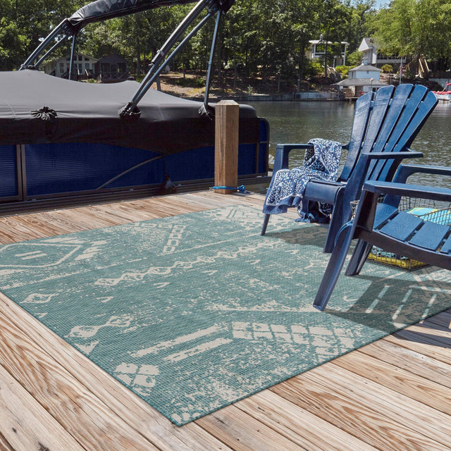 Light Aqua 5' 3 x 5' 3 Outdoor Bohemian Square Area Rug Weather Resistant for Patio, Deck, Terrace, Balcony, Porch 100% Polypropylene Boho Carpet Mat for Sale at Rug Engine
