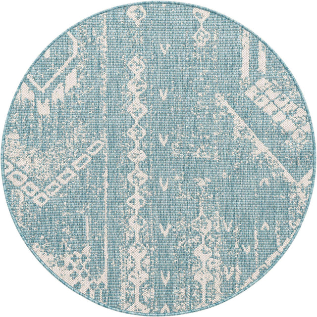 Light Aqua 4' 1 x 4' 1 Outdoor Bohemian Round Area Rug Weather Resistant for Patio, Deck, Terrace, Balcony, Porch 100% Polypropylene Boho Carpet Mat for Sale at Rug Engine
