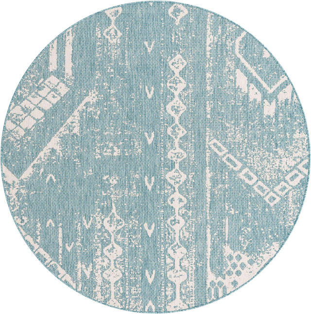 Light Aqua 6' 1 x 6' 1 Outdoor Bohemian Round Area Rug Weather Resistant for Patio, Deck, Terrace, Balcony, Porch 100% Polypropylene Boho Carpet Mat for Sale at Rug Engine