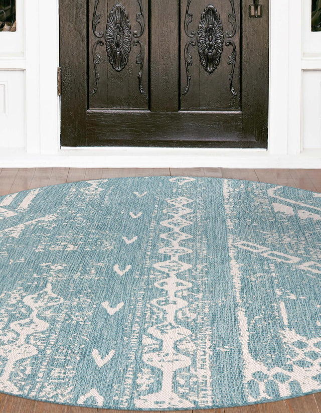 Light Aqua 13' 1 x 13' 1 Outdoor Bohemian Round Area Rug Weather Resistant for Patio, Deck, Terrace, Balcony, Porch 100% Polypropylene Boho Carpet Mat for Sale at Rug Engine