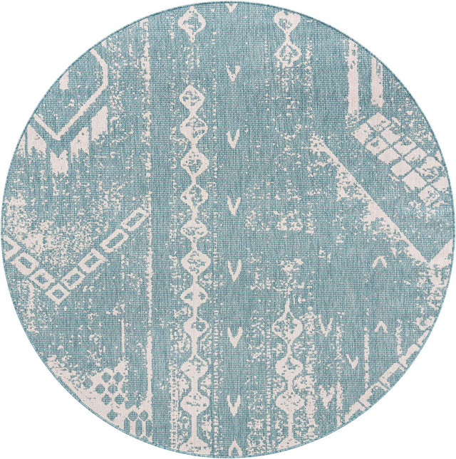 Light Aqua 7' 10 x 7' 10 Outdoor Bohemian Round Area Rug Weather Resistant for Patio, Deck, Terrace, Balcony, Porch 100% Polypropylene Boho Carpet Mat for Sale at Rug Engine