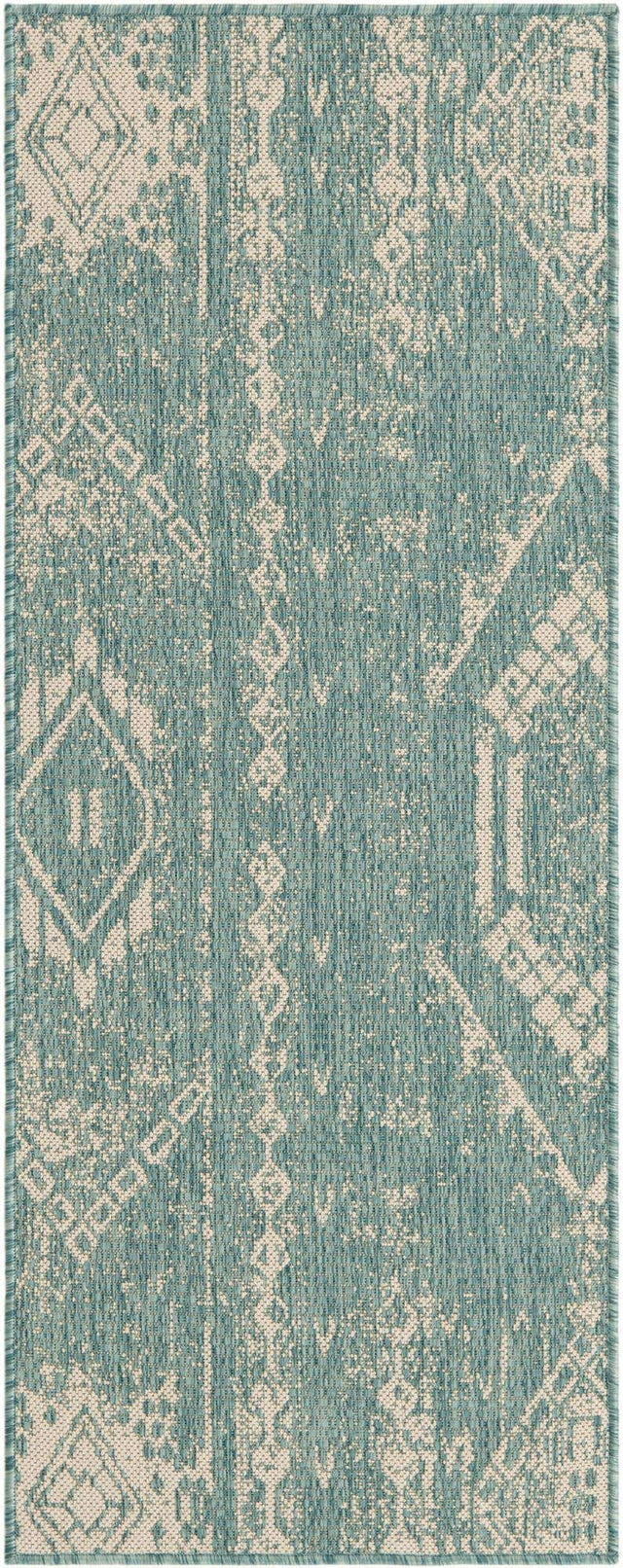 Light Aqua 2' x 5' 3 Outdoor Bohemian Runner Area Rug Weather Resistant for Patio, Deck, Terrace, Balcony, Porch 100% Polypropylene Boho Carpet Mat for Sale at Rug Engine