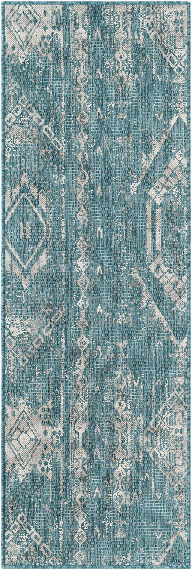 Light Aqua 2' x 6' 1 Outdoor Bohemian Runner Area Rug Weather Resistant for Patio, Deck, Terrace, Balcony, Porch 100% Polypropylene Boho Carpet Mat for Sale at Rug Engine