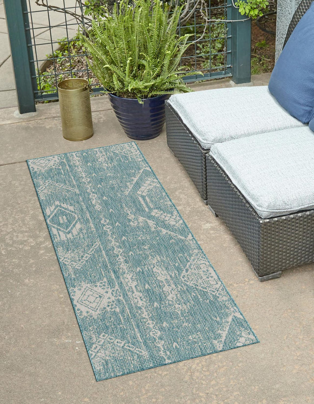 Light Aqua 3' 3 x 14' 1 Outdoor Bohemian Runner Area Rug Weather Resistant for Patio, Deck, Terrace, Balcony, Porch 100% Polypropylene Boho Carpet Mat for Sale at Rug Engine