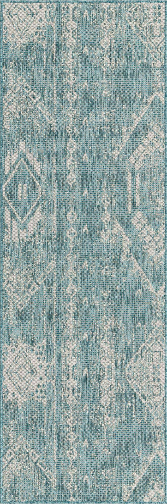 Light Aqua 2' x 8' Outdoor Bohemian Runner Area Rug Weather Resistant for Patio, Deck, Terrace, Balcony, Porch 100% Polypropylene Boho Carpet Mat for Sale at Rug Engine