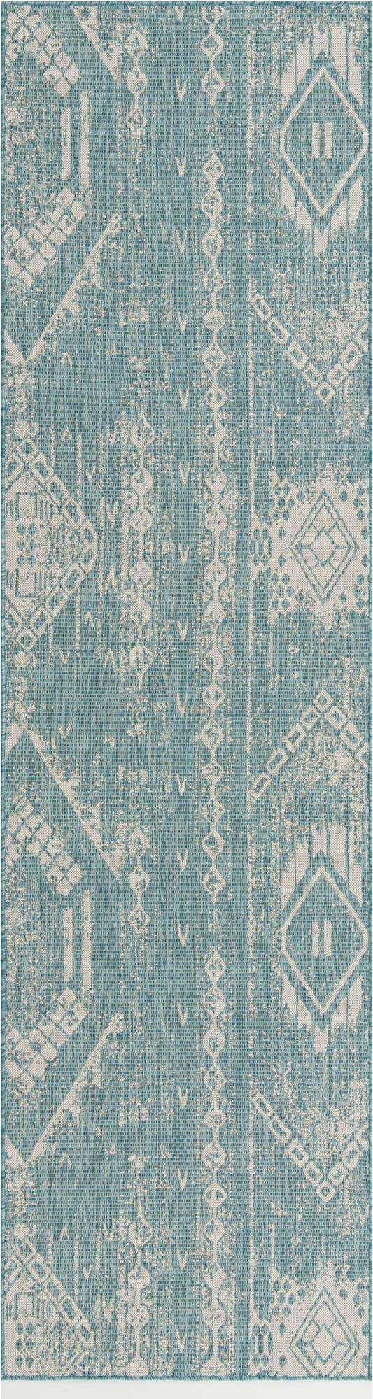 Light Aqua 2' 7 x 12' Outdoor Bohemian Runner Area Rug Weather Resistant for Patio, Deck, Terrace, Balcony, Porch 100% Polypropylene Boho Carpet Mat for Sale at Rug Engine