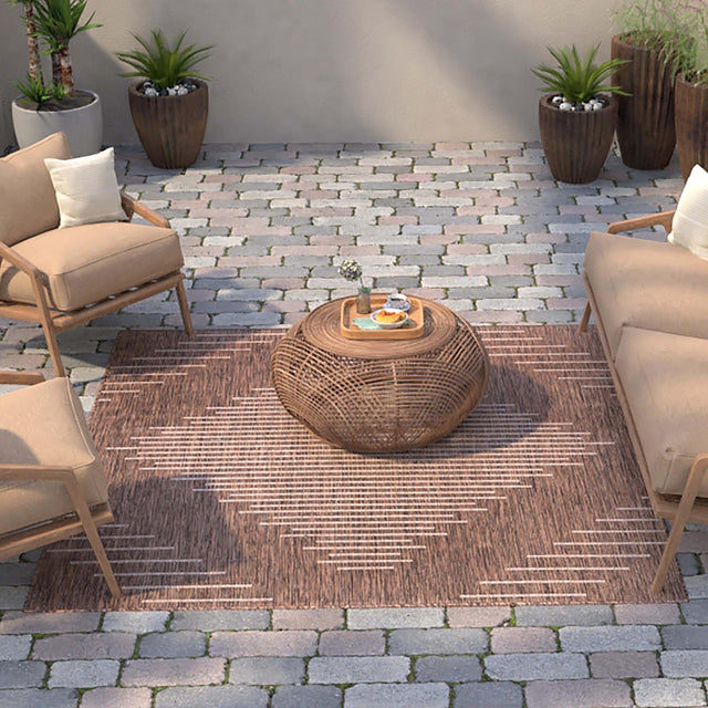 Brown 5' 3 x 5' 3 Outdoor Modern Square Area Rug Weather Resistant for Patio, Deck, Terrace, Balcony, Porch 100% Polypropylene Modern Outside Carpet for Sale at Rug Engine