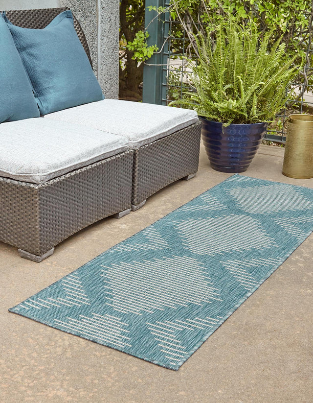 Light Aqua 2' x 8' Outdoor Modern Runner Area Rug Weather Resistant for Patio, Deck, Terrace, Balcony, Porch 100% Polypropylene Modern Outside Carpet for Sale at Rug Engine