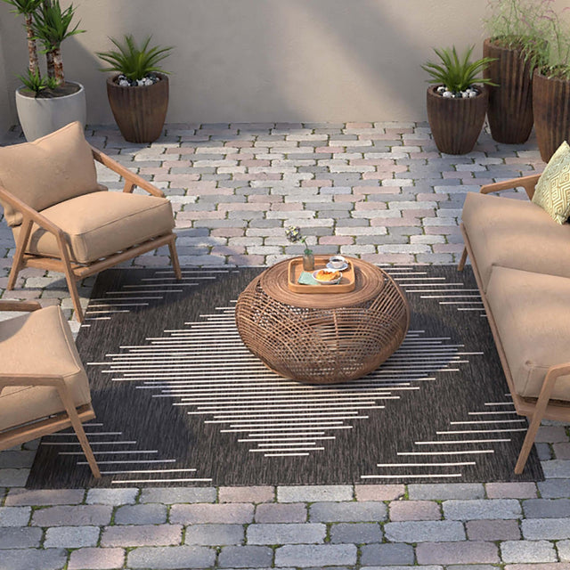 Charcoal Gray 6' 1 x 6' 1 Outdoor Modern Square Area Rug Weather Resistant for Patio, Deck, Terrace, Balcony, Porch 100% Polypropylene Modern Outside Carpet for Sale at Rug Engine