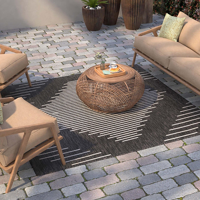 Charcoal Gray 6' 1 x 6' 1 Outdoor Modern Square Area Rug Weather Resistant for Patio, Deck, Terrace, Balcony, Porch 100% Polypropylene Modern Outside Carpet for Sale at Rug Engine
