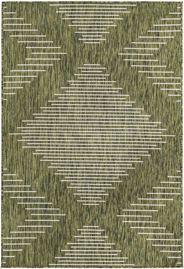 Green 4' 1 x 6' 1 Outdoor Modern Rectangle Area Rug Weather Resistant for Patio, Deck, Terrace, Balcony, Porch 100% Polypropylene Modern Outside Carpet for Sale at Rug Engine
