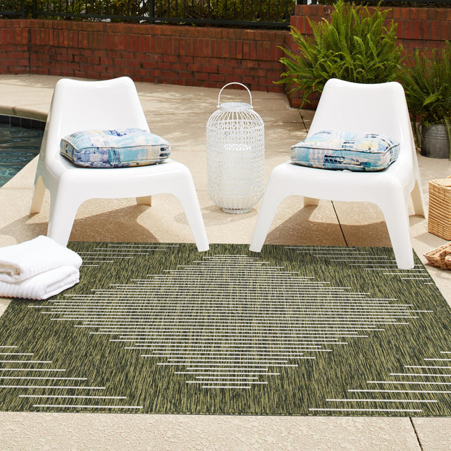 Green 13' 1 x 13' 1 Outdoor Modern Square Area Rug Weather Resistant for Patio, Deck, Terrace, Balcony, Porch 100% Polypropylene Modern Outside Carpet for Sale at Rug Engine