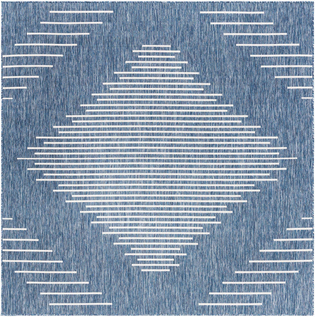 Blue 7' 1 x 7' 1 Outdoor Modern Square Area Rug Weather Resistant for Patio, Deck, Terrace, Balcony, Porch 100% Polypropylene Modern Outside Carpet for Sale at Rug Engine