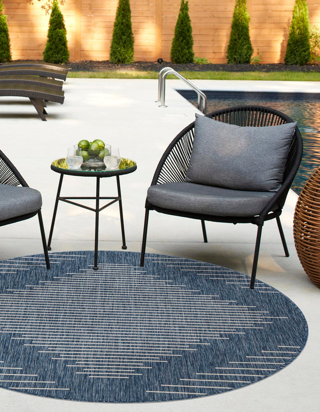 Blue 10' 8 x 10' 8 Outdoor Modern Round Area Rug Weather Resistant for Patio, Deck, Terrace, Balcony, Porch 100% Polypropylene Modern Outside Carpet for Sale at Rug Engine
