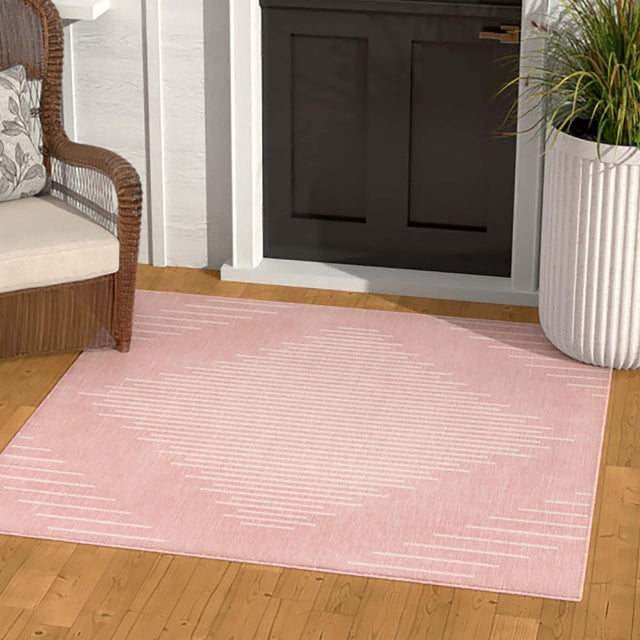 Pink 10' 8 x 10' 8 Outdoor Modern Square Area Rug Weather Resistant for Patio, Deck, Terrace, Balcony, Porch 100% Polypropylene Modern Outside Carpet for Sale at Rug Engine