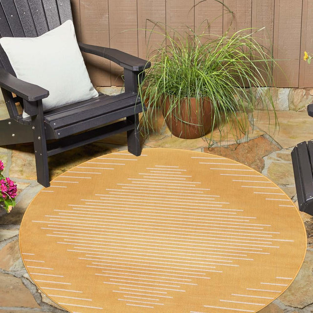 Yellow 6' 1 x 6' 1 Outdoor Modern Round Area Rug Weather Resistant for Patio, Deck, Terrace, Balcony, Porch 100% Polypropylene Modern Outside Carpet for Sale at Rug Engine
