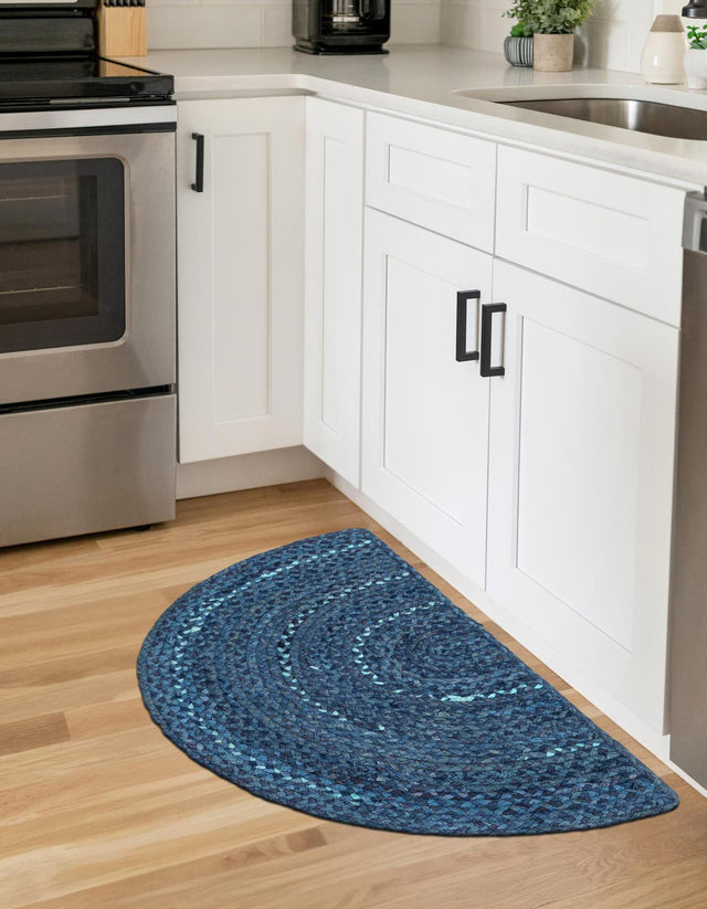 Blue 2' 2 x 3' 7 Braided Chindi Hearth Half-Round Semicircle Area Rug 100% Cotton Hand Braided Natural Eco-Friendly Boho Style Modern Carpet for Living Rooms Dining Office Dorm for Sale at Rug Engine