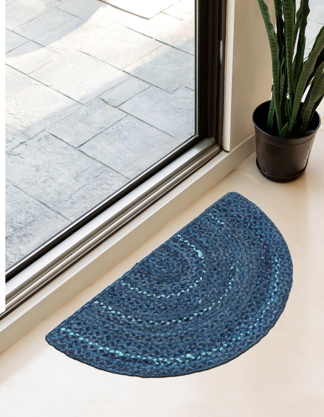 Blue 2' 2 x 3' 7 Braided Chindi Hearth Half-Round Semicircle Area Rug 100% Cotton Hand Braided Natural Eco-Friendly Boho Style Modern Carpet for Living Rooms Dining Office Dorm for Sale at Rug Engine