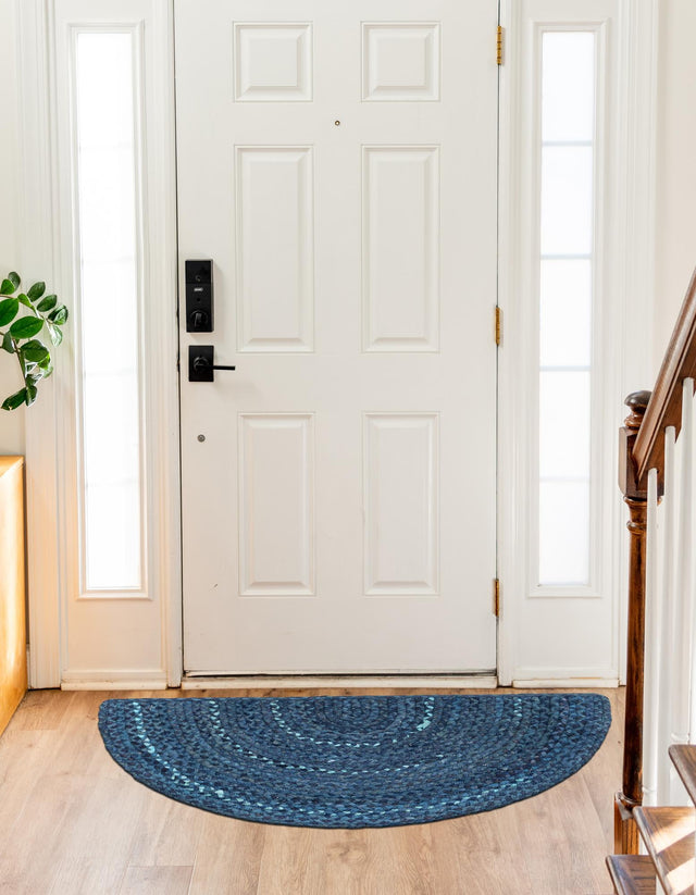 Blue 2' 2 x 3' 7 Braided Chindi Hearth Half-Round Semicircle Area Rug 100% Cotton Hand Braided Natural Eco-Friendly Boho Style Modern Carpet for Living Rooms Dining Office Dorm for Sale at Rug Engine
