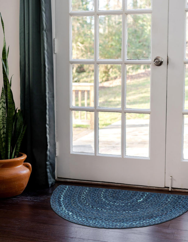 Blue 2' 2 x 3' 7 Braided Chindi Hearth Half-Round Semicircle Area Rug 100% Cotton Hand Braided Natural Eco-Friendly Boho Style Modern Carpet for Living Rooms Dining Office Dorm for Sale at Rug Engine