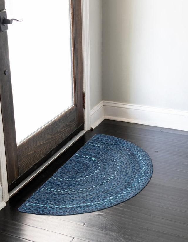 Blue 2' 2 x 3' 7 Braided Chindi Hearth Half-Round Semicircle Area Rug 100% Cotton Hand Braided Natural Eco-Friendly Boho Style Modern Carpet for Living Rooms Dining Office Dorm for Sale at Rug Engine