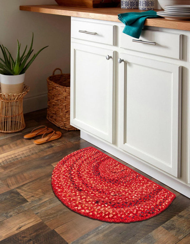 Red 2' 2 x 3' 7 Braided Chindi Hearth Half-Round Semicircle Area Rug 100% Cotton Hand Braided Natural Eco-Friendly Boho Style Modern Carpet for Living Rooms Dining Office Dorm for Sale at Rug Engine