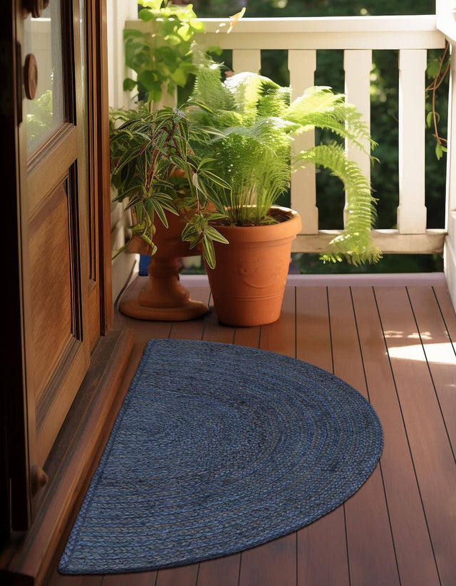 Navy Blue 2' 2 x 3' 7 Braided Jute Hearth Half-Round Semicircle Area Rug 100% Jute Hand Braided Natural Eco-Friendly Boho Style Carpet for Living Rooms Dining Office Space Dorms for Sale at Rug Engine