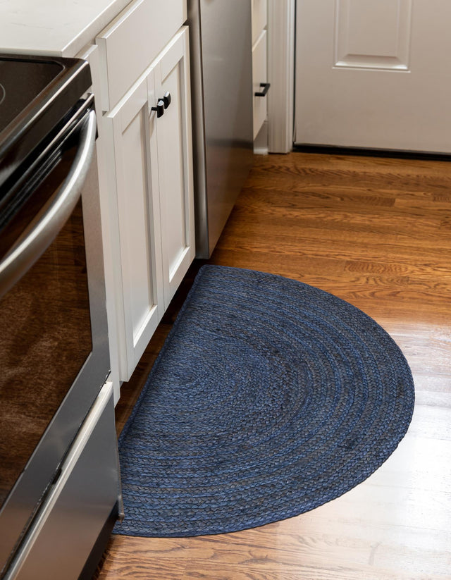 Navy Blue 2' 2 x 3' 7 Braided Jute Hearth Half-Round Semicircle Area Rug 100% Jute Hand Braided Natural Eco-Friendly Boho Style Carpet for Living Rooms Dining Office Space Dorms for Sale at Rug Engine