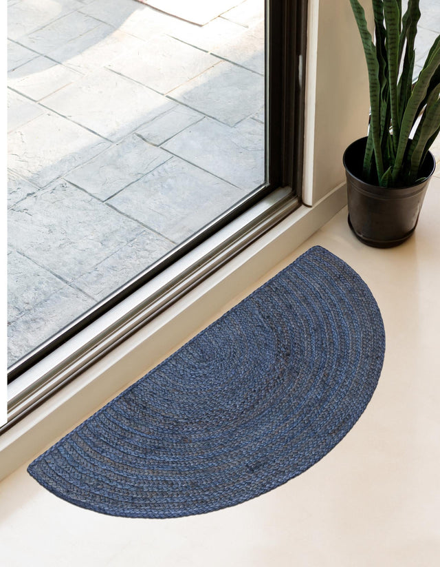 Navy Blue 2' 2 x 3' 7 Braided Jute Hearth Half-Round Semicircle Area Rug 100% Jute Hand Braided Natural Eco-Friendly Boho Style Carpet for Living Rooms Dining Office Space Dorms for Sale at Rug Engine