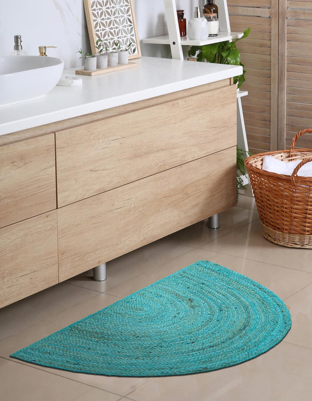 Turquoise 2' 2 x 3' 7 Braided Jute Hearth Half-Round Semicircle Area Rug 100% Jute Hand Braided Natural Eco-Friendly Boho Style Carpet for Living Rooms Dining Office Space Dorms for Sale at Rug Engine