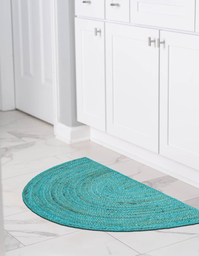 Turquoise 2' 2 x 3' 7 Braided Jute Hearth Half-Round Semicircle Area Rug 100% Jute Hand Braided Natural Eco-Friendly Boho Style Carpet for Living Rooms Dining Office Space Dorms for Sale at Rug Engine