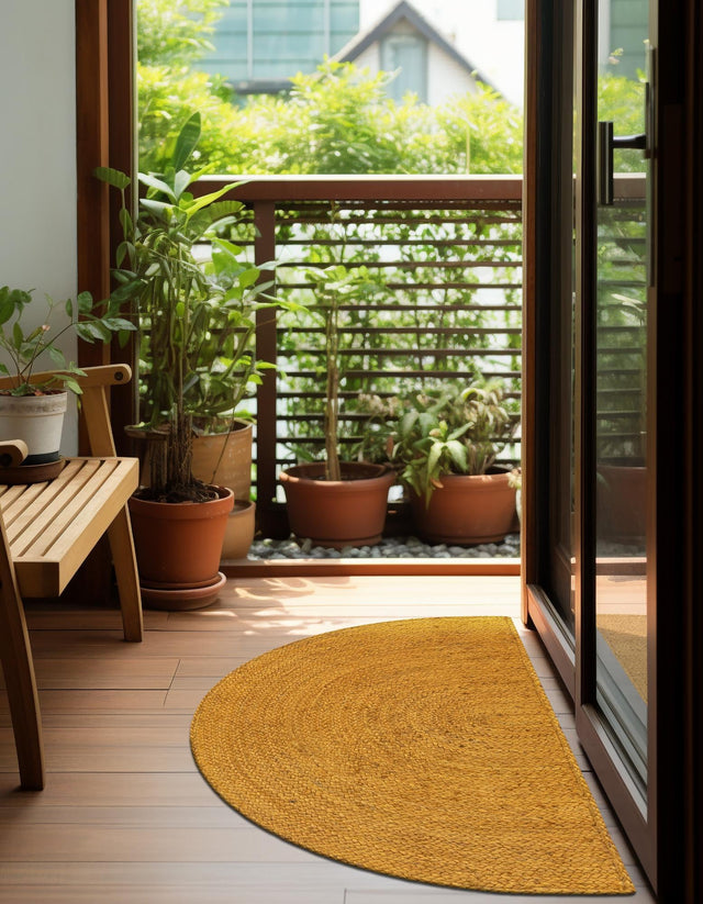 Yellow 2' 2 x 3' 7 Braided Jute Hearth Half-Round Semicircle Area Rug 100% Jute Hand Braided Natural Eco-Friendly Boho Style Carpet for Living Rooms Dining Office Space Dorms for Sale at Rug Engine