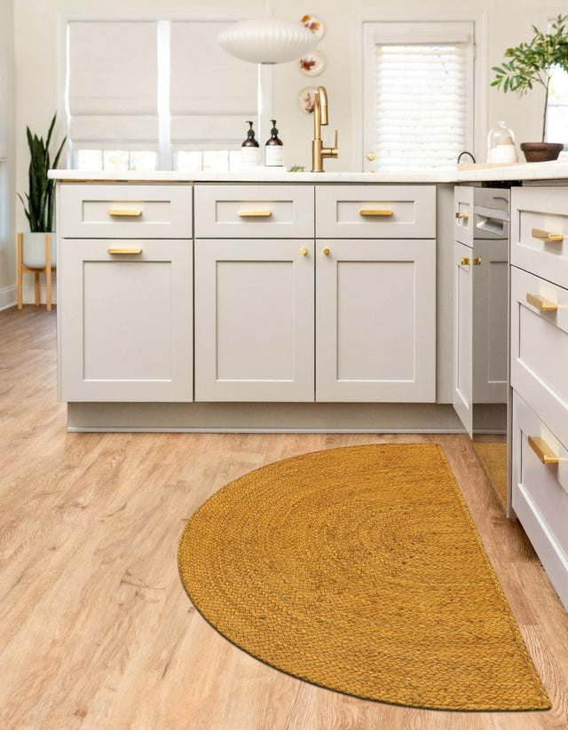 Yellow 2' 2 x 3' 7 Braided Jute Hearth Half-Round Semicircle Area Rug 100% Jute Hand Braided Natural Eco-Friendly Boho Style Carpet for Living Rooms Dining Office Space Dorms for Sale at Rug Engine