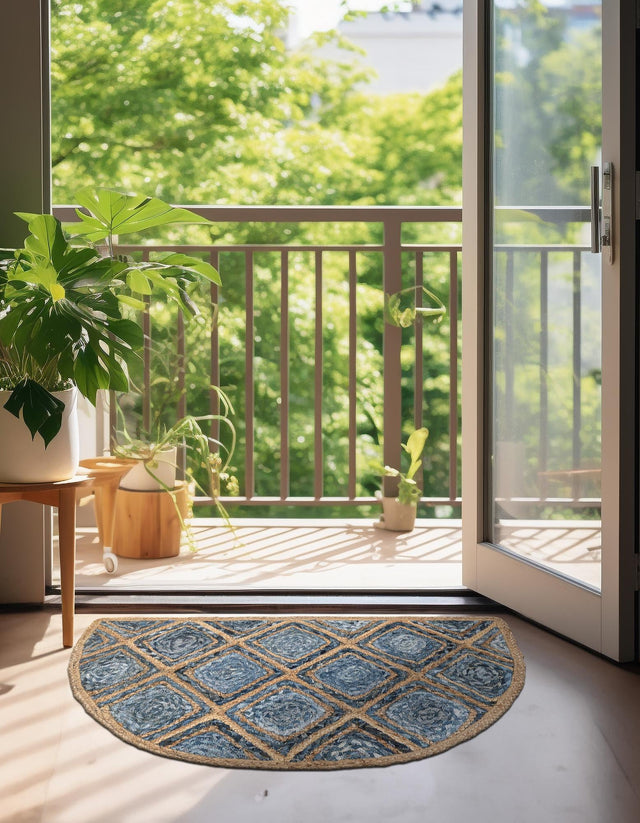 Blue 2' 2 x 3' 7 Braided Jute Hearth Half-Round Semicircle Area Rug 100% Jute Hand Braided Natural Eco-Friendly Boho Style Carpet for Living Rooms Dining Office Space Dorms for Sale at Rug Engine