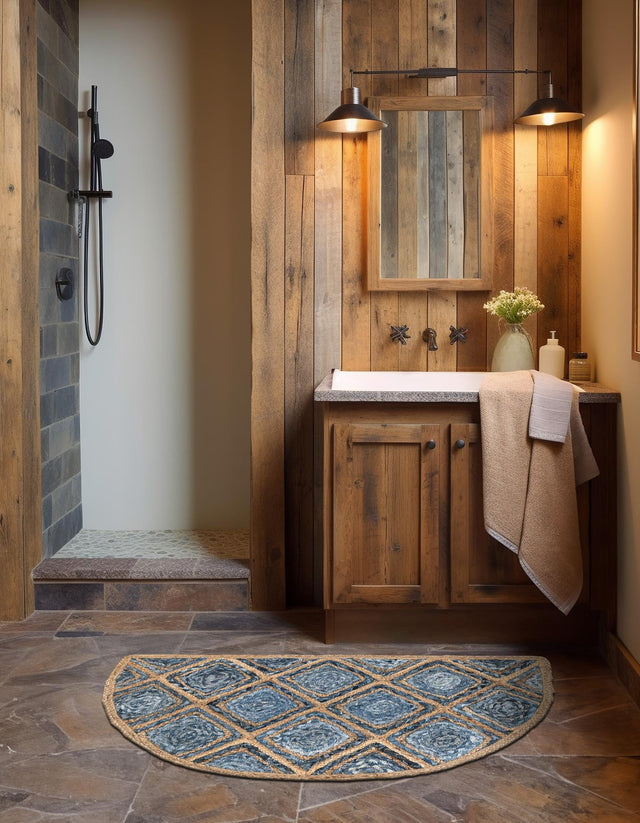 Blue 2' 2 x 3' 7 Braided Jute Hearth Half-Round Semicircle Area Rug 100% Jute Hand Braided Natural Eco-Friendly Boho Style Carpet for Living Rooms Dining Office Space Dorms for Sale at Rug Engine