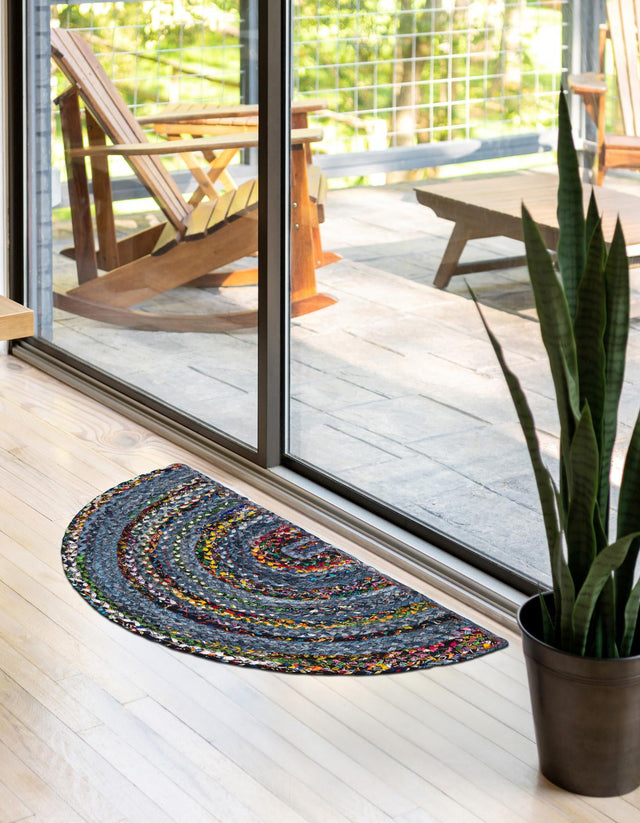 Blue and Multicolor 2' 2 x 3' 7 Braided Chindi Hearth Half-Round Semicircle Area Rug 100% Cotton Hand Braided Natural Eco-Friendly Boho Style Modern Carpet for Living Rooms Dining Office Dorm for Sale at Rug Engine
