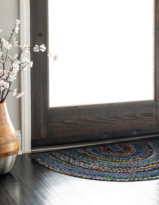 Blue and Multicolor 2' 2 x 3' 7 Braided Chindi Hearth Half-Round Semicircle Area Rug 100% Cotton Hand Braided Natural Eco-Friendly Boho Style Modern Carpet for Living Rooms Dining Office Dorm for Sale at Rug Engine