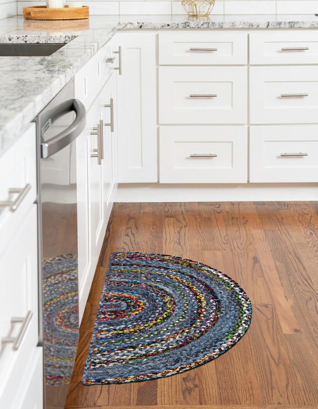 Blue and Multicolor 2' 2 x 3' 7 Braided Chindi Hearth Half-Round Semicircle Area Rug 100% Cotton Hand Braided Natural Eco-Friendly Boho Style Modern Carpet for Living Rooms Dining Office Dorm for Sale at Rug Engine