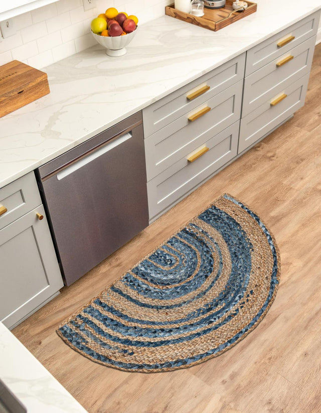 Blue and Natural 2' 2 x 3' 7 Braided Chindi Hearth Half-Round Semicircle Area Rug 100% Cotton Hand Braided Natural Eco-Friendly Boho Style Modern Carpet for Living Rooms Dining Office Dorm for Sale at Rug Engine
