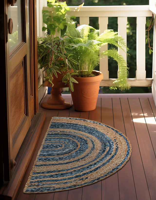 Blue and Natural 2' 2 x 3' 7 Braided Chindi Hearth Half-Round Semicircle Area Rug 100% Cotton Hand Braided Natural Eco-Friendly Boho Style Modern Carpet for Living Rooms Dining Office Dorm for Sale at Rug Engine