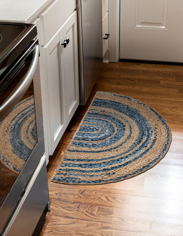 Blue and Natural 2' 2 x 3' 7 Braided Chindi Hearth Half-Round Semicircle Area Rug 100% Cotton Hand Braided Natural Eco-Friendly Boho Style Modern Carpet for Living Rooms Dining Office Dorm for Sale at Rug Engine