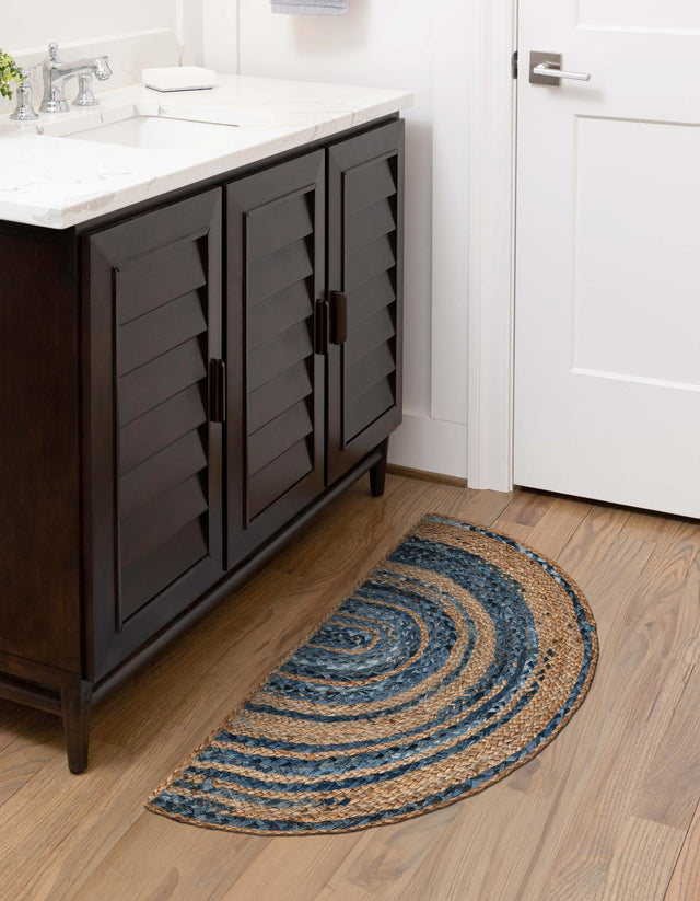 Blue and Natural 2' 2 x 3' 7 Braided Chindi Hearth Half-Round Semicircle Area Rug 100% Cotton Hand Braided Natural Eco-Friendly Boho Style Modern Carpet for Living Rooms Dining Office Dorm for Sale at Rug Engine