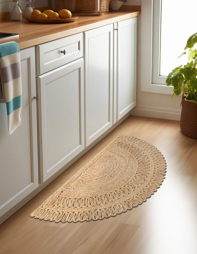Natural 2' 2 x 3' 7 Braided Jute Hearth Half-Round Semicircle Area Rug 100% Jute Hand Braided Natural Eco-Friendly Boho Style Carpet for Living Rooms Dining Office Space Dorms for Sale at Rug Engine