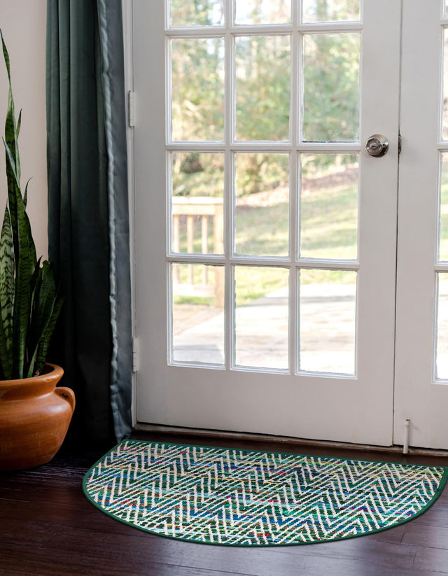 Green 2' 2 x 3' 7 Chindi Chevron Hearth Half-Round Semicircle Area Rug 100% Denim Cotton All Natural Modern Geometric Carpet Dining Living Rooms Bathroom Dorm Decor for Sale at Rug Engine