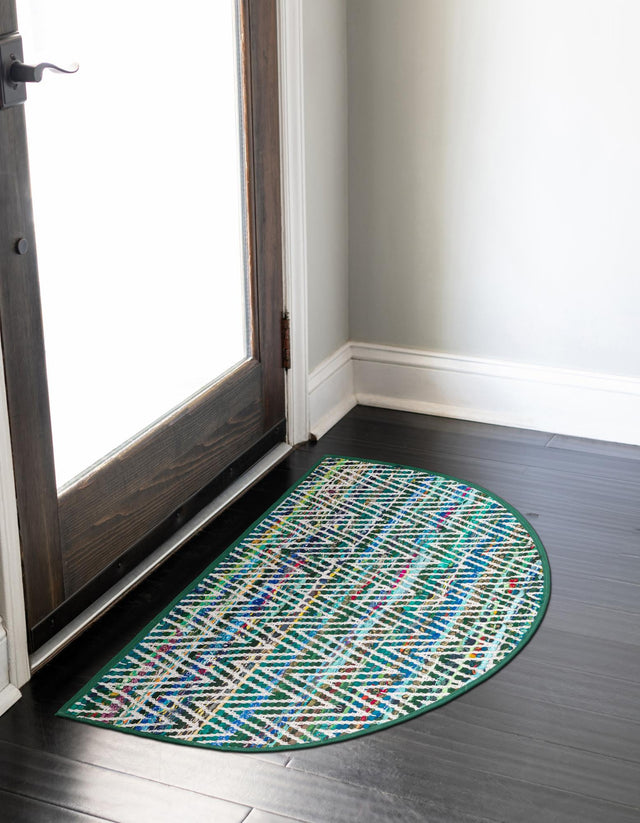 Green 2' 2 x 3' 7 Chindi Chevron Hearth Half-Round Semicircle Area Rug 100% Denim Cotton All Natural Modern Geometric Carpet Dining Living Rooms Bathroom Dorm Decor for Sale at Rug Engine